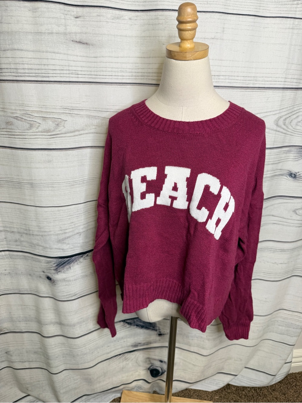 Z Supply Plum Crewneck Sweater with White 'BEACH' Graphic